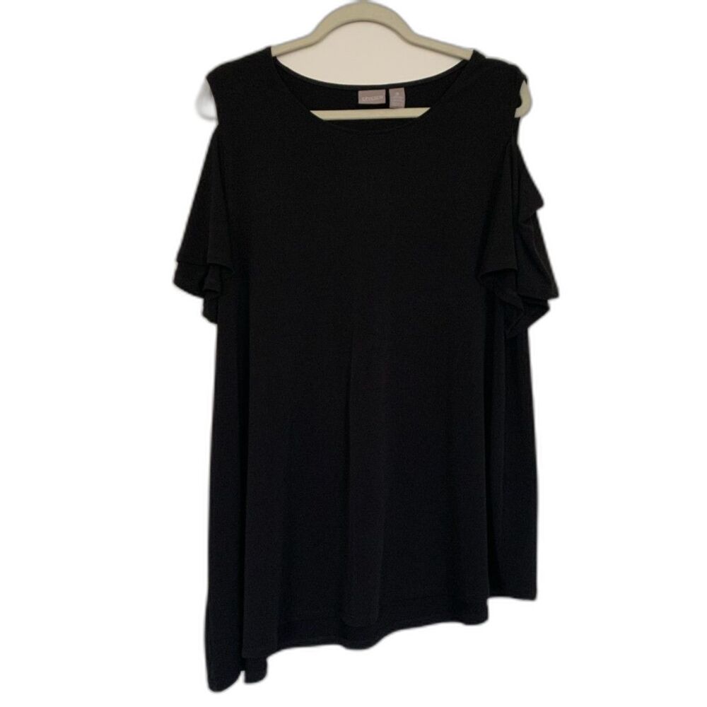 Chico's Women Top Size 3 Black Cold Shoulder Flutter Sleeve Asymetrical Hem